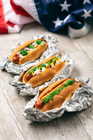 Image with copyspace, good for baseball or summer themed design and advertising. Includes American flag.の写真素材