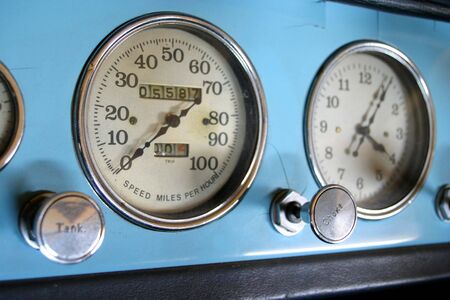 Speedometer of old blue Chryselerの写真素材