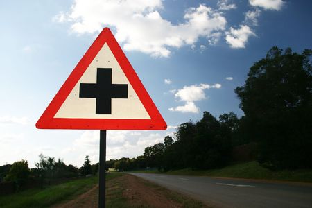 Warning sign of an approaching crossingの写真素材