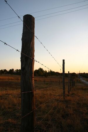 Old barbed wire fence at sunsetの写真素材