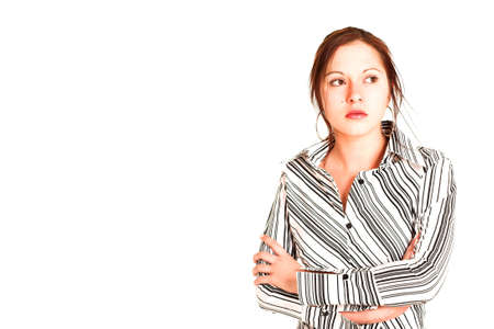 Business woman with brown hair, dressed in a white shirt with black stripes.  Copy spaceの写真素材
