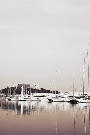 A harbor  in Antibes, France.  Duo tone. Copy space.の写真素材