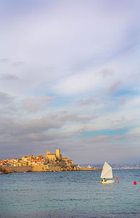 A town overlooking the sea in Antibes, France.  Copy space.の写真素材