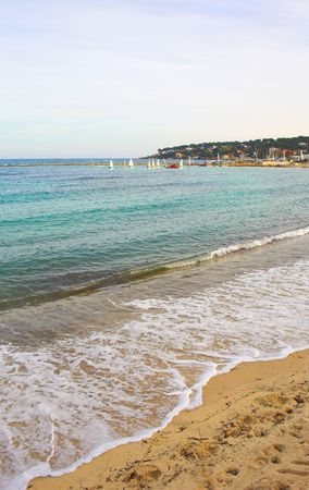 The beach and ocean in Antibes, France.  Copy space.の写真素材