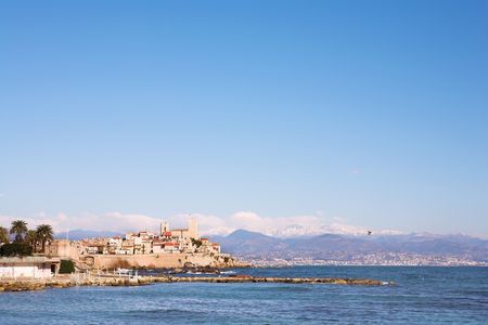 A town overlooking the sea in Antibes, France.  Copy space.の写真素材