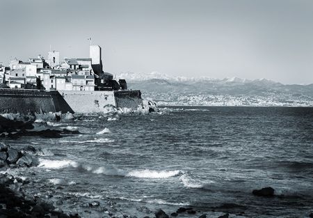 A town overlooking the sea in Antibes, France.  Copy space.  Blue toneの写真素材