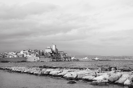 A town overlooking the sea in Antibes, France. Black and white.   Copy space.の写真素材