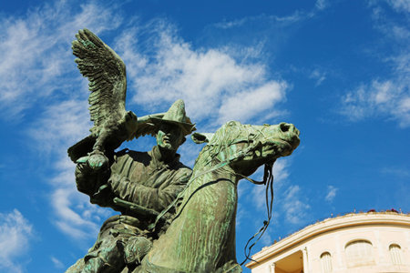 Statues of the falconers in the public square at mentonの写真素材