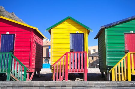 Multi-colored dressing rooms on the beach at Surfers Corner, Muizenberg, South Africaの写真素材
