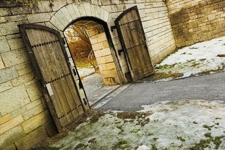 Old Cirty gate leading to Danube Riverの写真素材