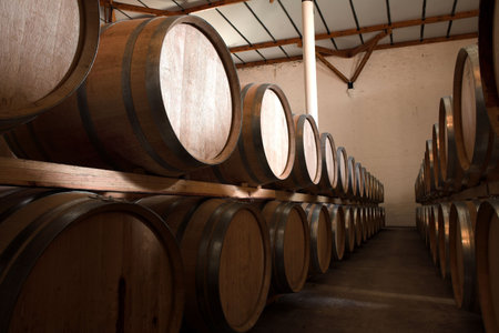 Stacked Oak barrels for maturing red wine and brandy in a cooling cellar. Made from American and...