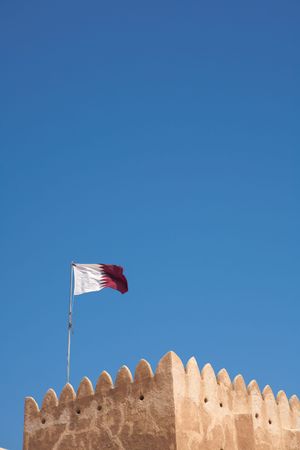 Rebuilt historic Fort Zubarah (Al Zubara) in North East of the deserts of Qatar on the edge of the Persian gulf on a sunny summer dayの写真素材