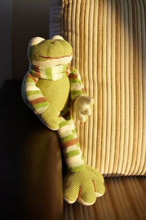 Green handmade knitted toy frog sitting in the last sunbeam of sunset on a brown corduroy and leather couch. Very shallow Depth of Field, natural light.の写真素材