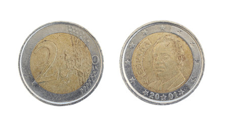 Front and Back view of a 2 Euro Coin on a white background