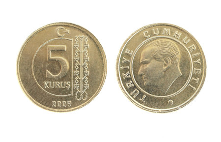 Front and Back view of a Turkish 5 Kurus Coin on a white background