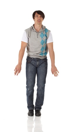 Tap dancer in blue jeans and tap shoes doing steps on a white background and floorの写真素材