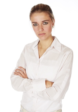 Beautiful young blonde caucasian woman wearing all white and with her hair in a ponytail - On a white backgroundの写真素材