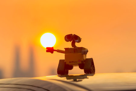 wall-E toy with kl skyline when sunriseのeditorial素材
