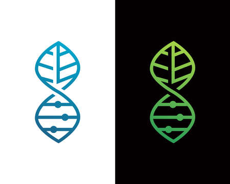 Abstract biotechnology leaf DNA logo design. green energy, medicine, science, technology, laboratory, electronics logotype vector icon.のイラスト素材