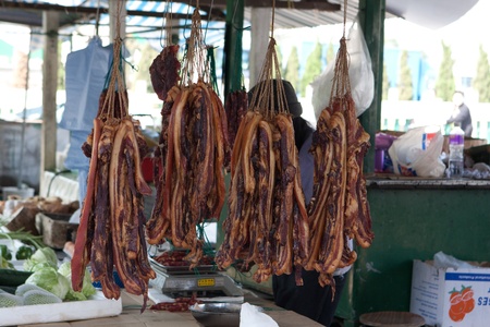 Domestic smoked meat products produced in the traditional way in an old smokehouse のeditorial素材