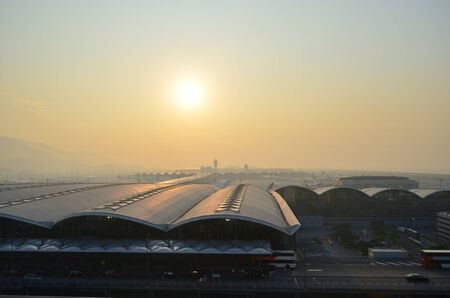Hong Kong International Airport with airplanes in the airfieldのeditorial素材
