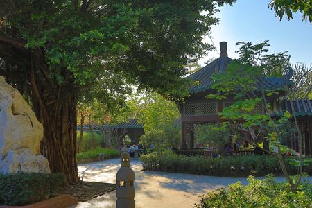 Chinese garden and lake in Laichikok, Hong Kong