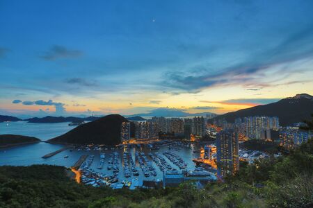 An Aberdeen typhoon shelter in Hong Kong at nightの写真素材