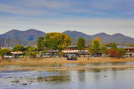 a Katsuragawa River with the Arashiyama Mountain in Kyotoのeditorial素材