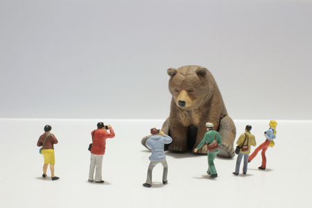 a Miniature tourists taking of animal pictureの写真素材