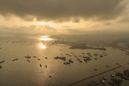 the container terminal and stonecutter bridge in Hong Kongの写真素材