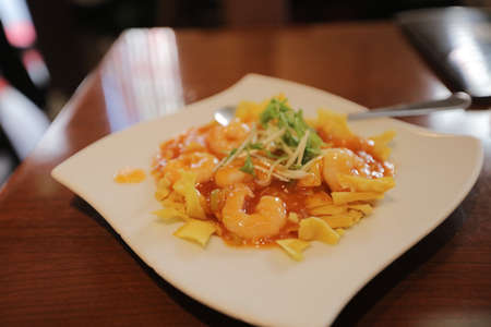 the Shrimp and vegetable  with wood backgroundのeditorial素材