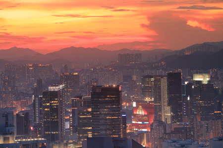 Urban downtown city at sunset, hong kongのeditorial素材