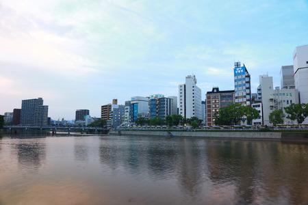 the Hiroshima skyline at the Otagawa River in Japanのeditorial素材