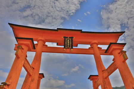 the wooden pole of Myiajima gateのeditorial素材