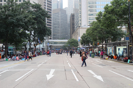 Meeting of mostly female Filipino workers on a street in downtown Hong Kong China.のeditorial素材
