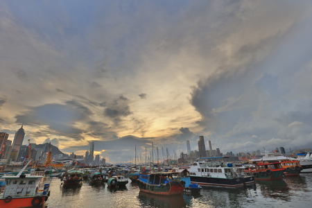the twilight sunrise sky at Typhoon Shelterの写真素材