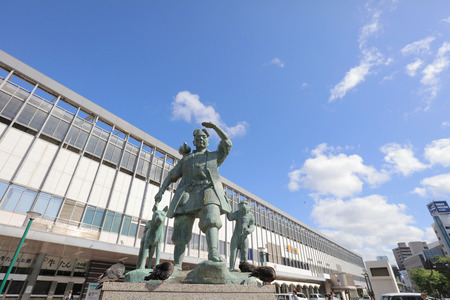 statue of Momotaro and his friends font of stationのeditorial素材