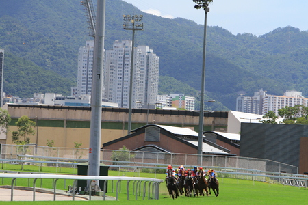 Horse racing at the Racecourse in Hong Kongの写真素材
