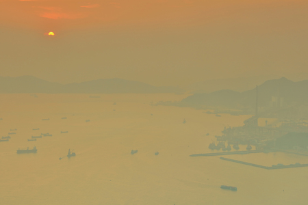 the West Kowloon stonecutters bridge at sunsetの写真素材