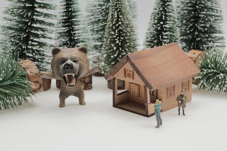 mini figure world with the mini tree, house, hunter and bear