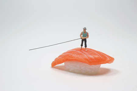 the fun of mini figure fishing on sushiの写真素材