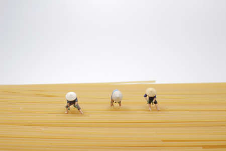 the mini figure of farmer on the Spaghetti pasta backgroundの写真素材