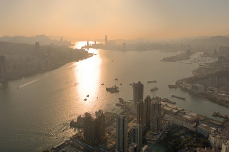 9 April 2022 Victoria Harbour at evening during sunset, view at Devil Peakの写真素材