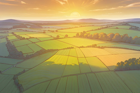 a landscape of a serene farm at sunsetの素材