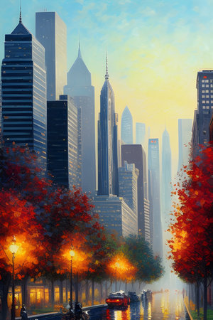 the classic style cityscape featuring a solitary tree amidst a bustlingの素材