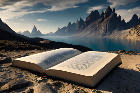 the majestic mountain landscape with bookの素材