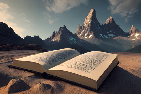 the majestic mountain landscape with bookの素材