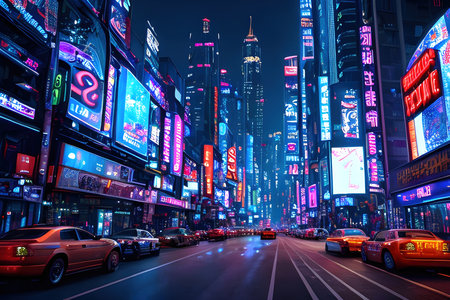 Futuristic night city. Cityscape on a dark background with bright and glowing neonの素材