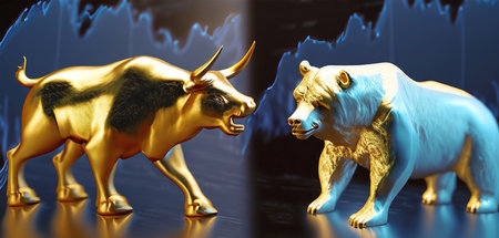 a bull and bear symbols of stock market trendsの素材