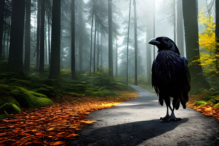 a black raven walking along a path in a dense forestの素材